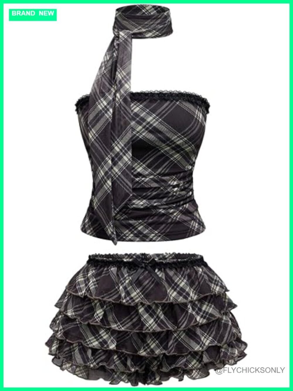 Y2K Gingham Tube Top & Ruffle Mini Skirt Set 3-Piece